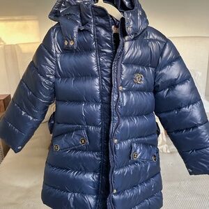 Girls Navy Puffer Coat with Removable Hood and Belt, Size M